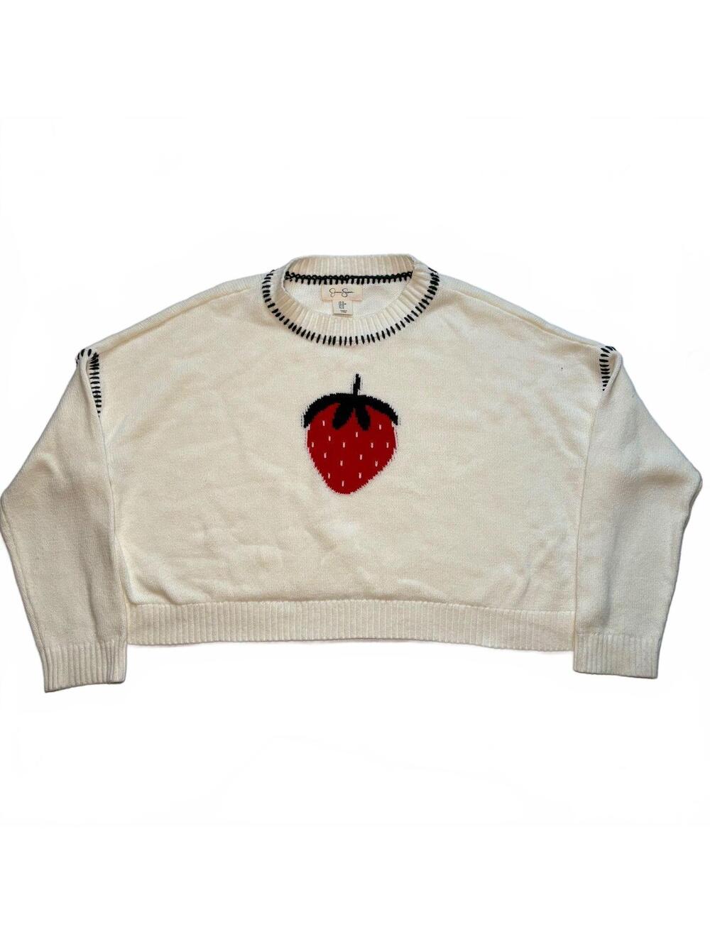 White Knit Sweater with Strawberry Graphic Cottagecore Coquette Kidcore Grandma